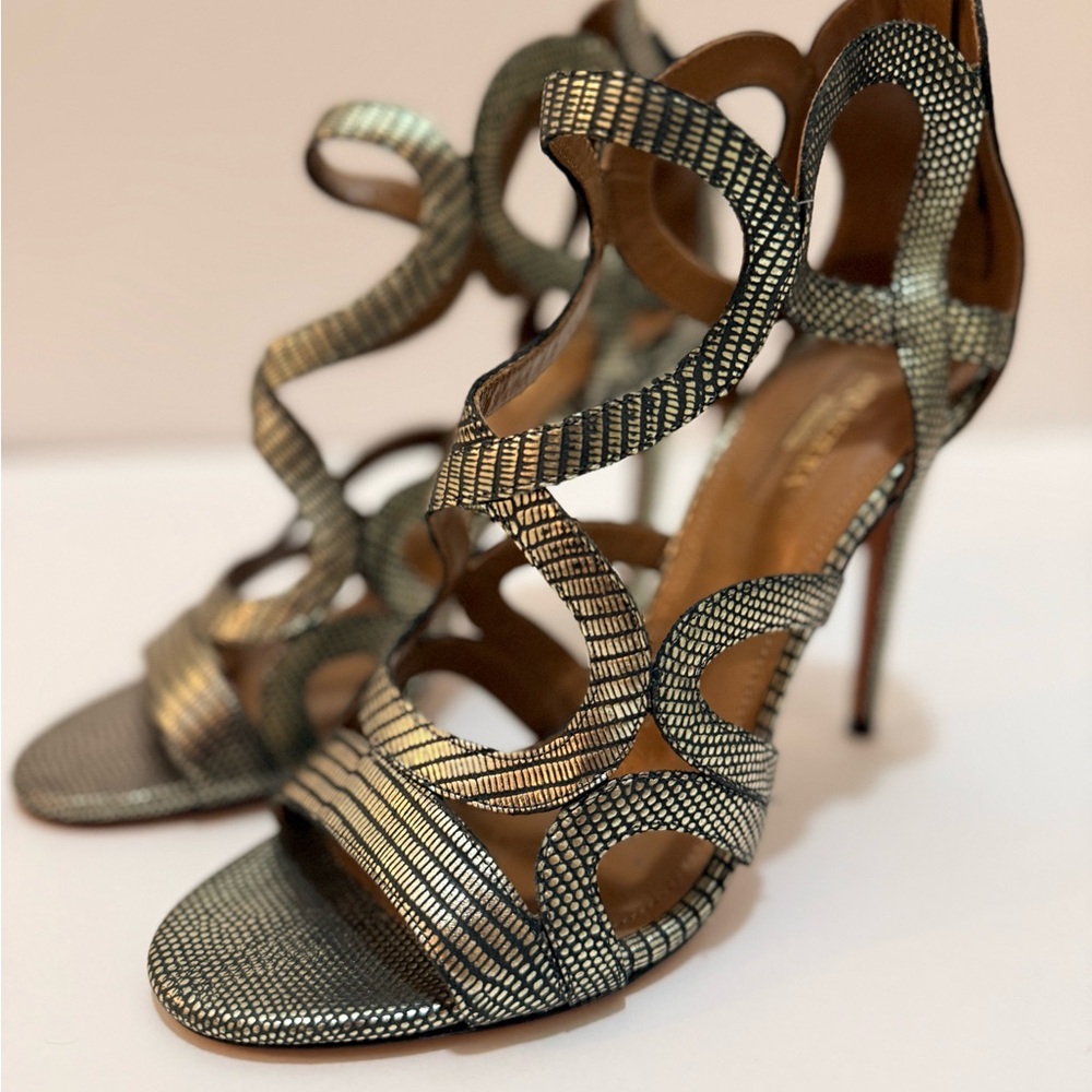 Aquazzura Gold and Black Strappy Heels